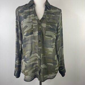 Express The Portofino Shirt Womens Small Camo Sheer Roll Tab Button Up Blouse